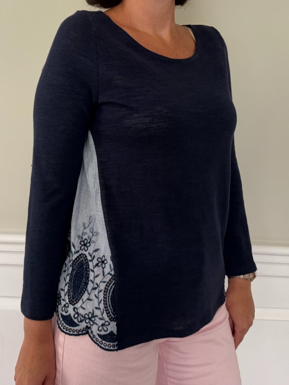 Caslon Scoop Neck Sweater | Embroidered Cotton Shirting Back | Mixed Media Knit